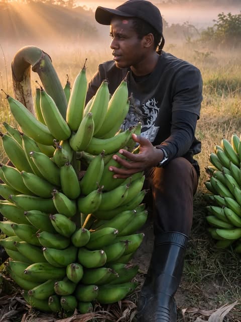 Thomas crouching beside a large bunch of green matooke at sunrise