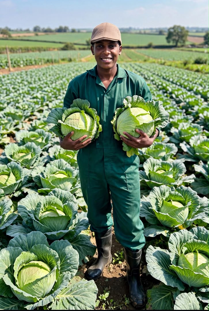 A young farmer in green overalls holding two cabbages in a cabbage field