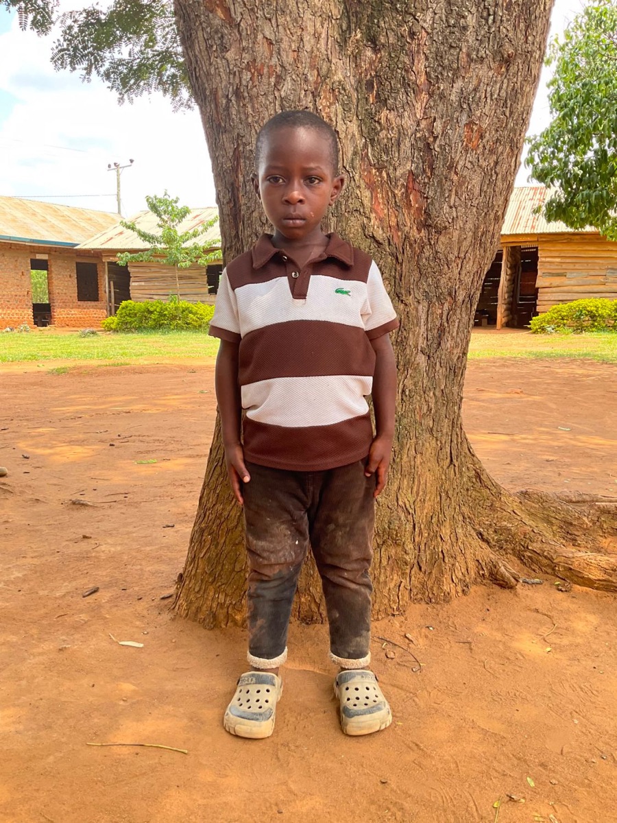 A young boy in a brown and white striped polo shirt standing in front of a large tree