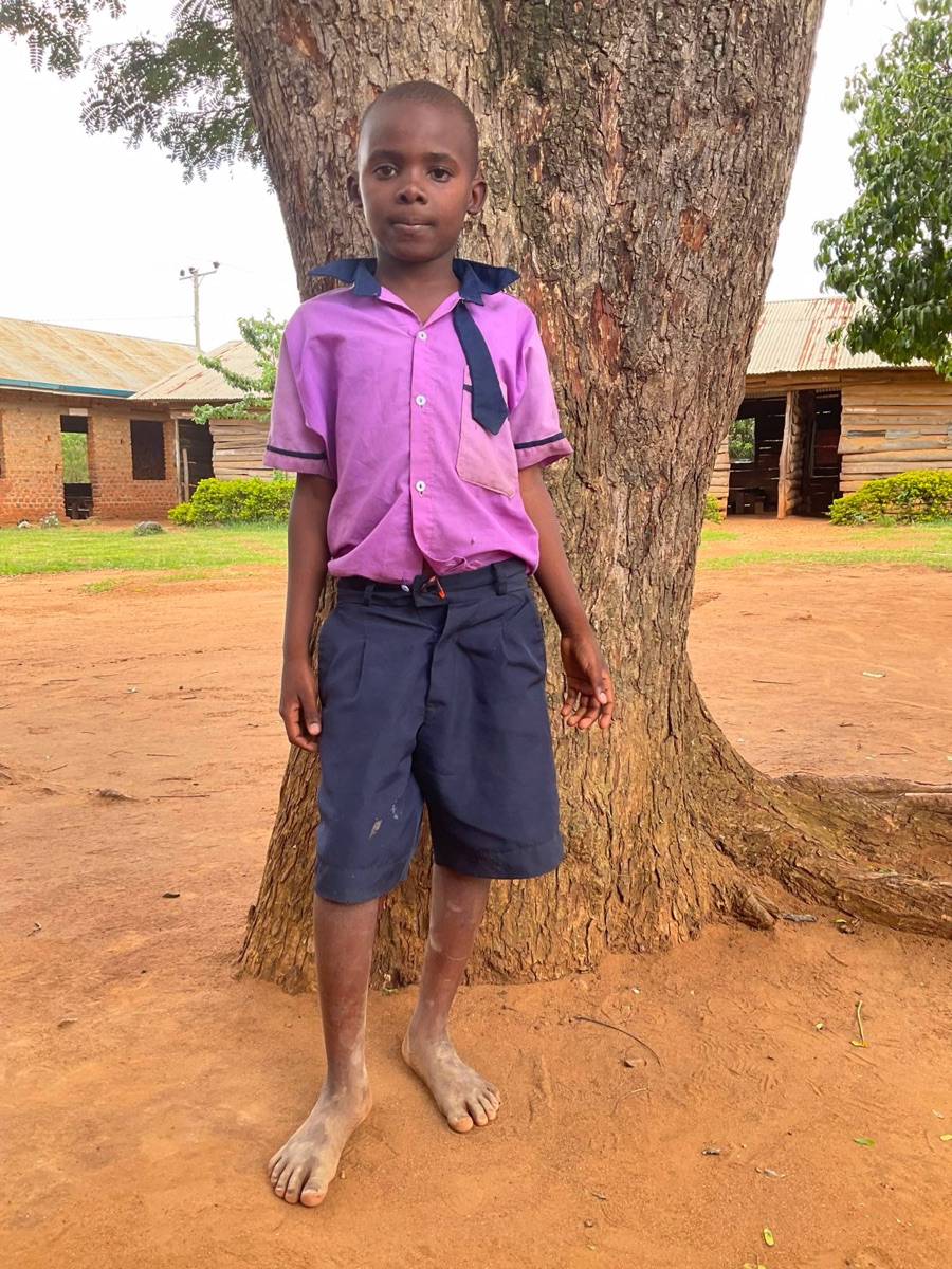 A boy in a purple school shirt and navy shorts standing in front of a large tree