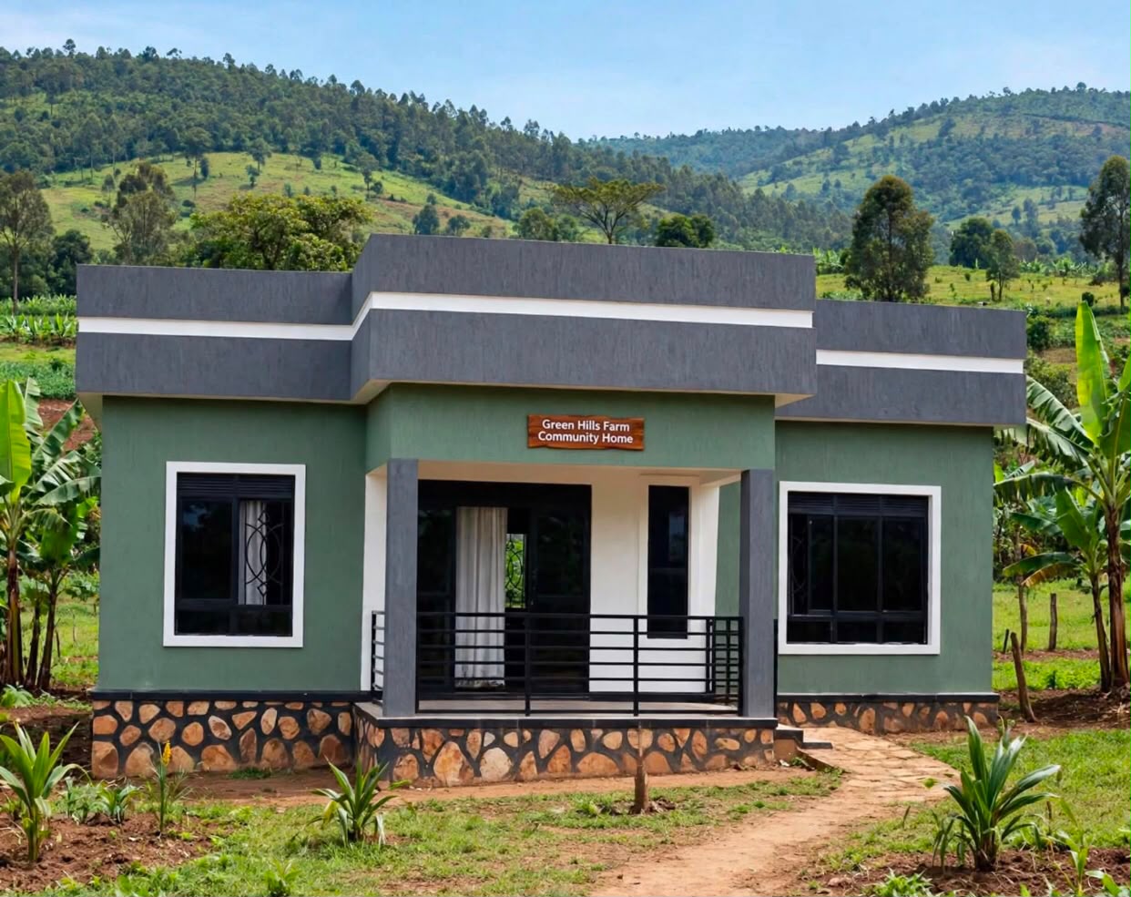 Artist's impression of the finished Green Hills Farm Community Home, a green single-storey house with a stone base, set among banana plants and hills