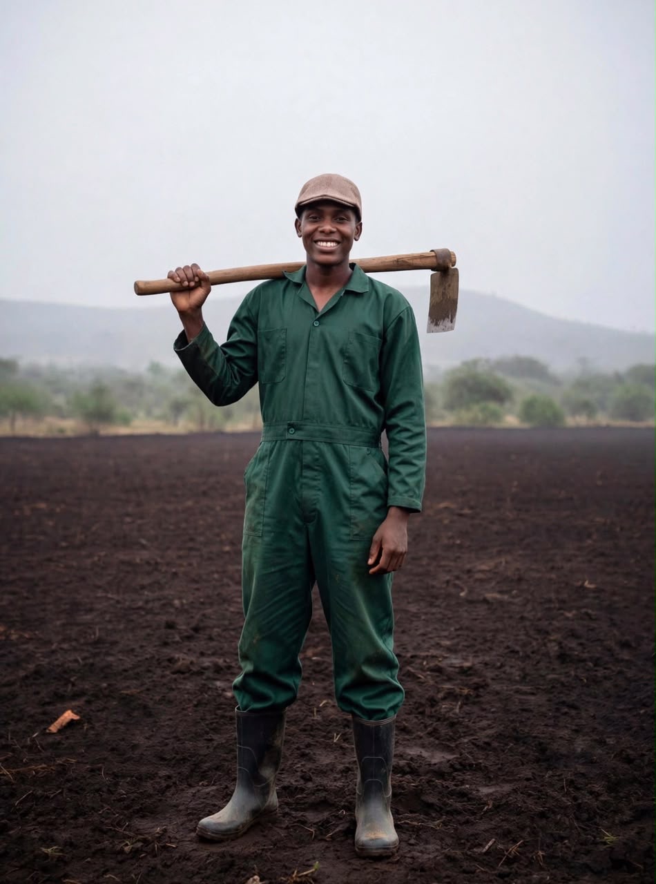 A smiling young farmer in green overalls with a hoe over his shoulder in a freshly dug field