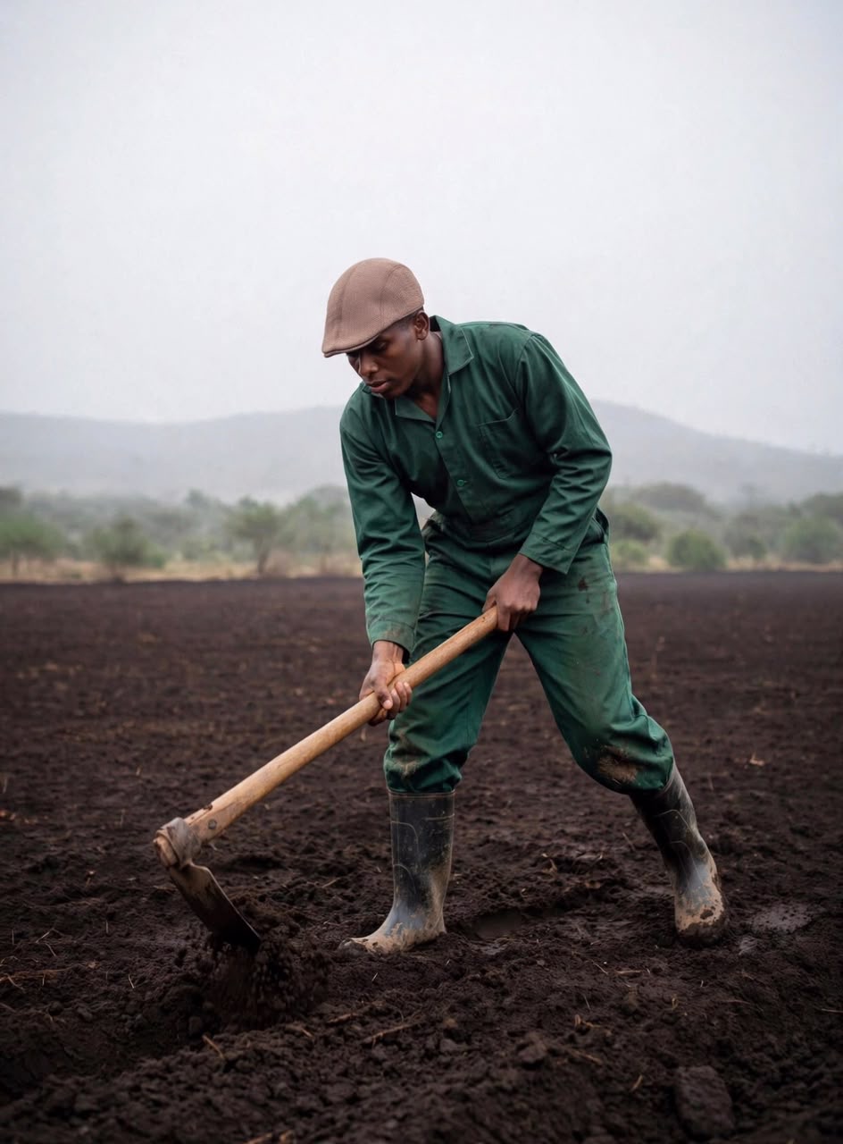 A farmer in green overalls breaking up dark soil with a hoe